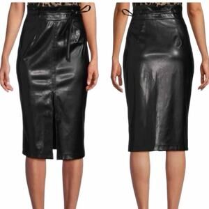 Area Stars Leatherette Vegan Leather Belted Midi Skirt Front Slit Size XS Black
